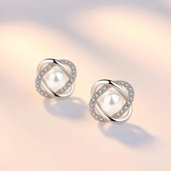 925 Sterling Silver Pearl Diamond Stud Earrings - Picture 4 of 6